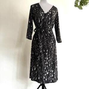 Talbots Wrap Dress Small S Black White Feather Ikat Print Rayon Spandex Stretch